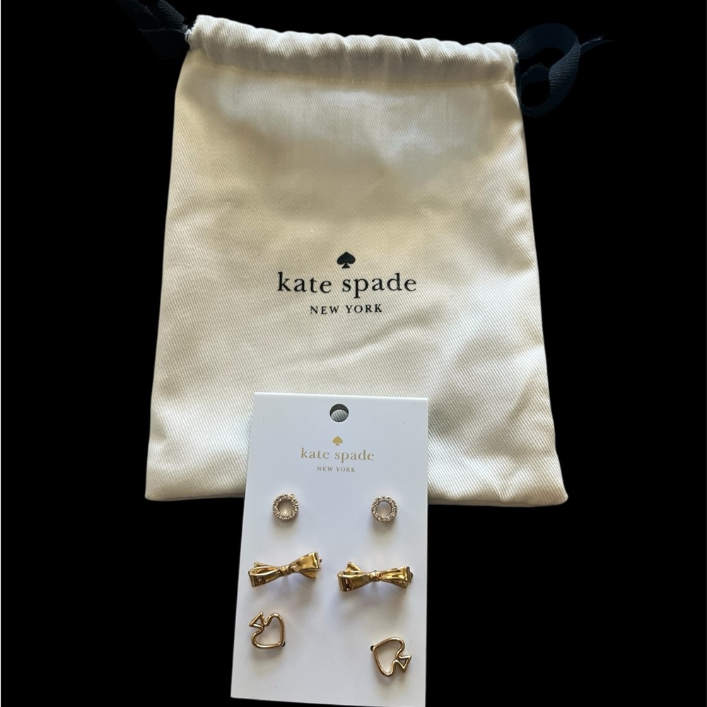 Kate Spade 3 pair earrings Gold Spade, Bow.”, Circle Rhinestone Earrings Set